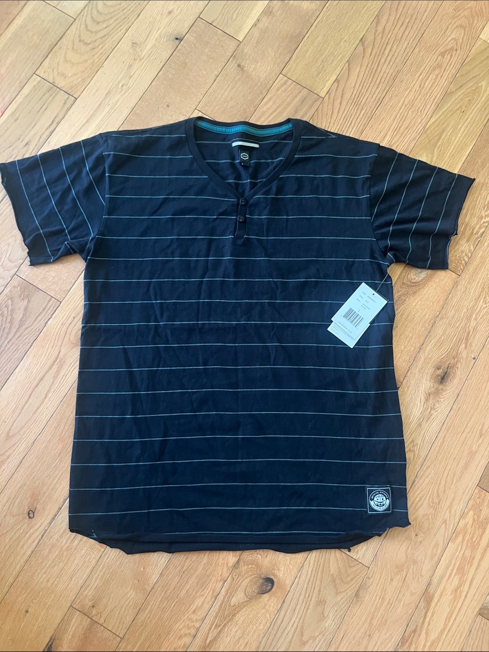 RVCA Black Short Sleeve Henley with Thin Gray Stripes